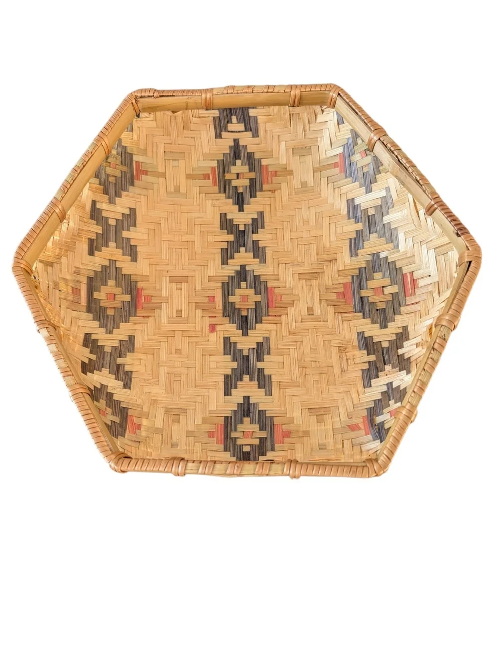 Vintage Southeast Asian Woven Hexagon Straw Basket Tray